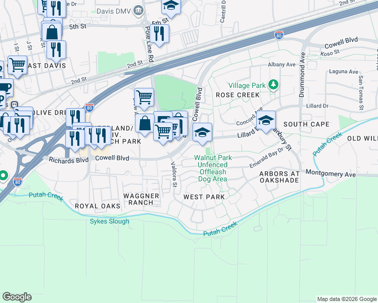 map of restaurants, bars, coffee shops, grocery stores, and more near 2120 Cowell Boulevard in Davis