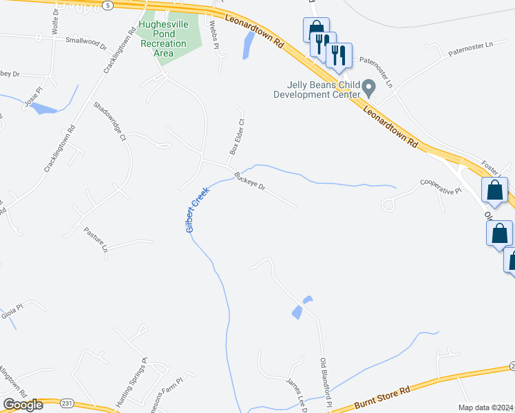 map of restaurants, bars, coffee shops, grocery stores, and more near 6830 Buckeye Drive in Hughesville
