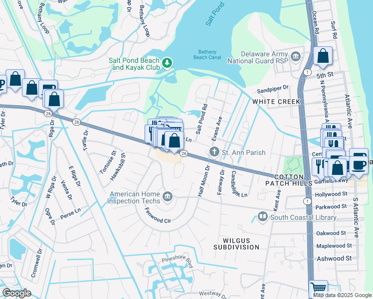 map of restaurants, bars, coffee shops, grocery stores, and more near 759 Garfield Parkway in Bethany Beach
