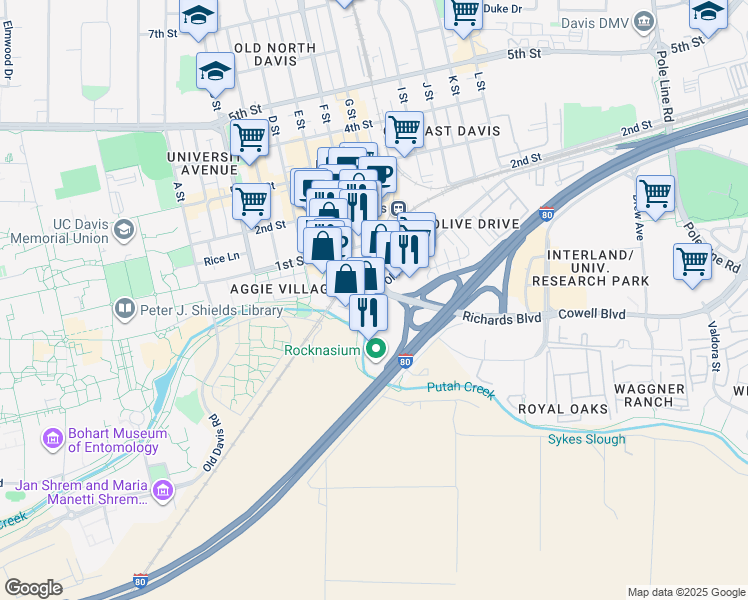 map of restaurants, bars, coffee shops, grocery stores, and more near 1011 Olive Drive in Davis