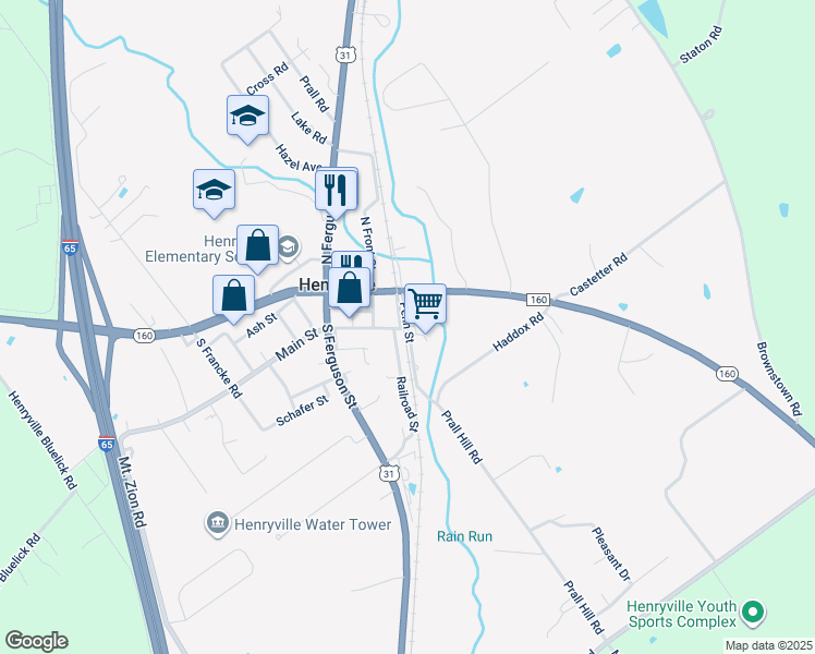 map of restaurants, bars, coffee shops, grocery stores, and more near 109 Railroad Street in Henryville