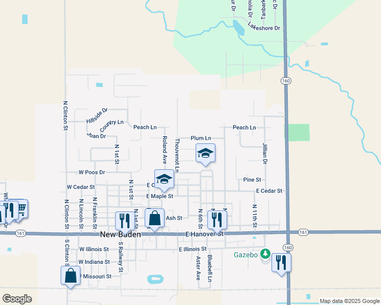 map of restaurants, bars, coffee shops, grocery stores, and more near 411 Plum Lane in New Baden