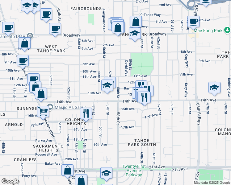 map of restaurants, bars, coffee shops, grocery stores, and more near 3731 58th Street in Sacramento