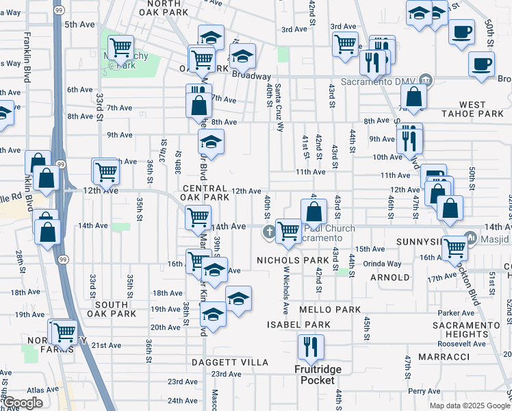 map of restaurants, bars, coffee shops, grocery stores, and more near 3735 San Carlos Way in Sacramento