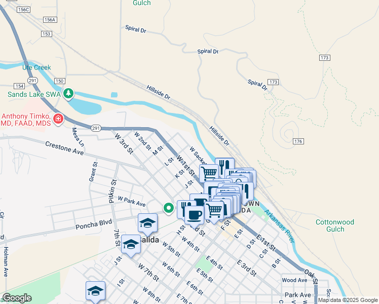 map of restaurants, bars, coffee shops, grocery stores, and more near 701 West Sackett Avenue in Salida