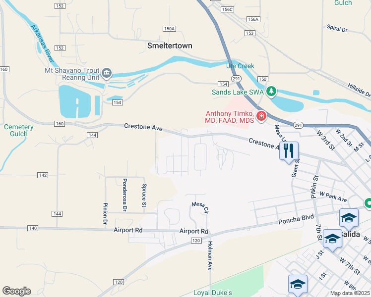 map of restaurants, bars, coffee shops, grocery stores, and more near 106 Cottonwood Circle in Salida
