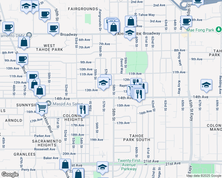 map of restaurants, bars, coffee shops, grocery stores, and more near 3731 58th Street in Sacramento
