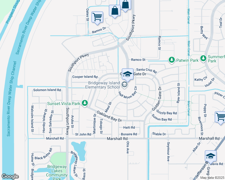 map of restaurants, bars, coffee shops, grocery stores, and more near 3400 Big Island Road in West Sacramento