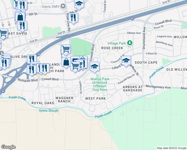 map of restaurants, bars, coffee shops, grocery stores, and more near in Davis