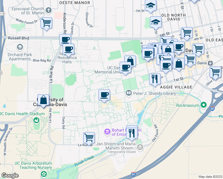 map of restaurants, bars, coffee shops, grocery stores, and more near 4503 California Avenue in Davis
