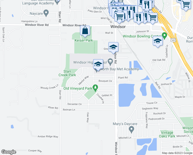 map of restaurants, bars, coffee shops, grocery stores, and more near 114 Bouquet Circle in Windsor