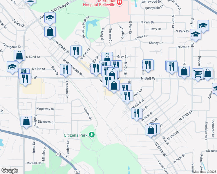 map of restaurants, bars, coffee shops, grocery stores, and more near 4555 West Main Street in Belleville