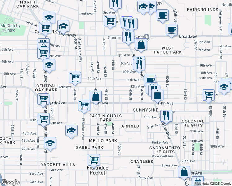 map of restaurants, bars, coffee shops, grocery stores, and more near 4409 13th Avenue in Sacramento