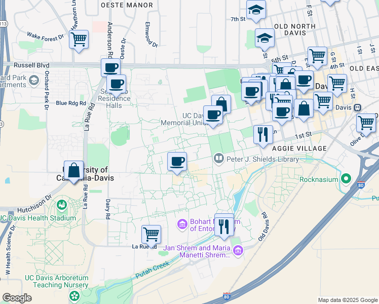 map of restaurants, bars, coffee shops, grocery stores, and more near 1 Shields Ave in Davis