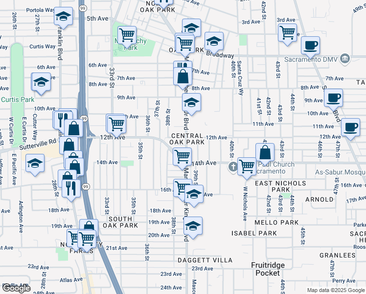map of restaurants, bars, coffee shops, grocery stores, and more near 3840 12th Avenue in Sacramento