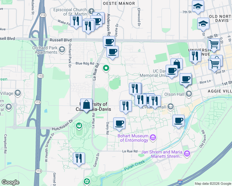 map of restaurants, bars, coffee shops, grocery stores, and more near 625 Kleiber Hall Drive in Davis