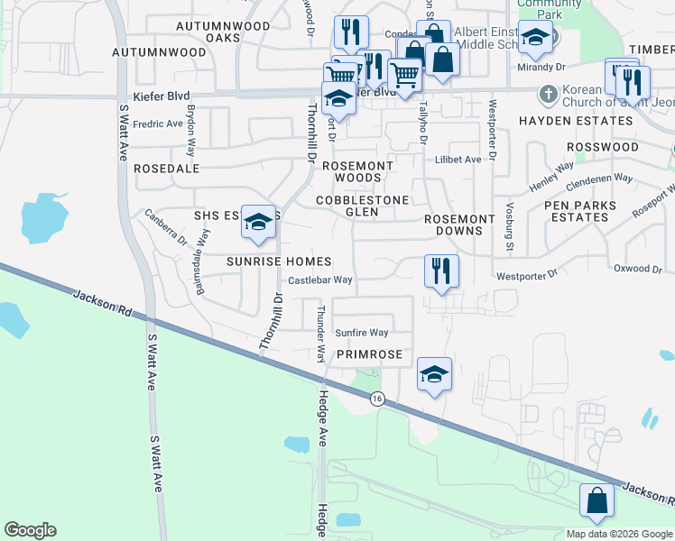 map of restaurants, bars, coffee shops, grocery stores, and more near 4205 Goldsmith Court in Sacramento