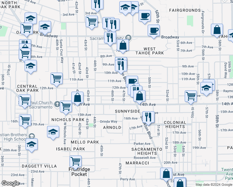 map of restaurants, bars, coffee shops, grocery stores, and more near 4640 12th Avenue in Sacramento