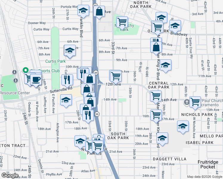 map of restaurants, bars, coffee shops, grocery stores, and more near 3248 12th Avenue in Sacramento
