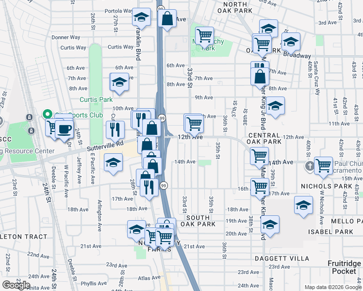 map of restaurants, bars, coffee shops, grocery stores, and more near 3248 12th Avenue in Sacramento