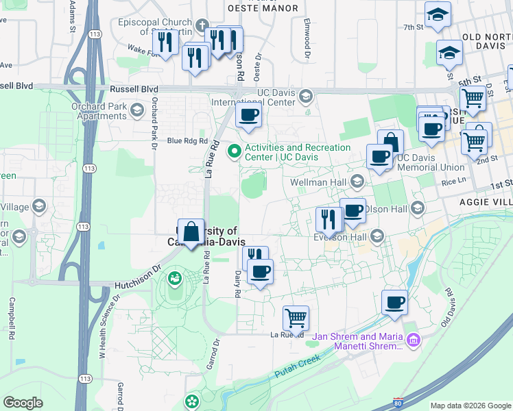 map of restaurants, bars, coffee shops, grocery stores, and more near 1 Shields Avenue in Davis