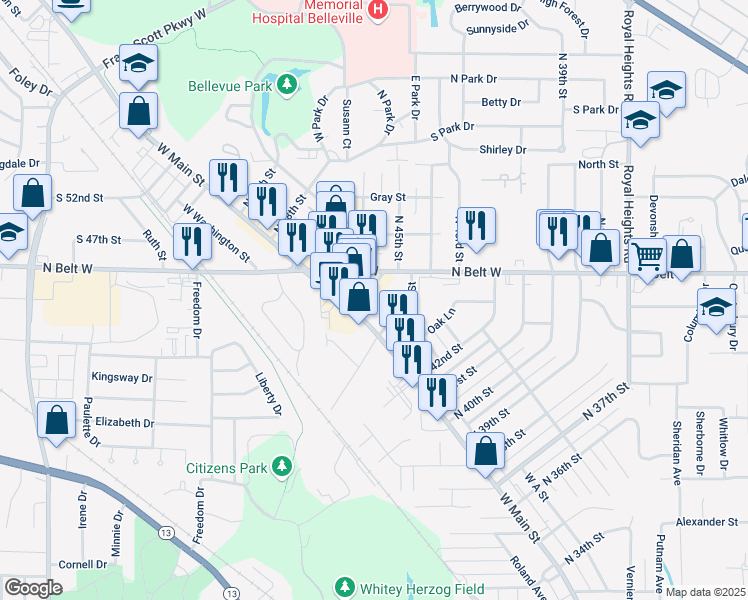 map of restaurants, bars, coffee shops, grocery stores, and more near 4517 North 45th Street in Belleville