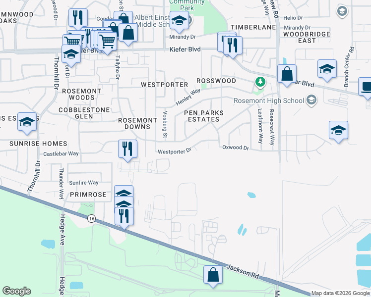 map of restaurants, bars, coffee shops, grocery stores, and more near 4201 Westporter Drive in Sacramento