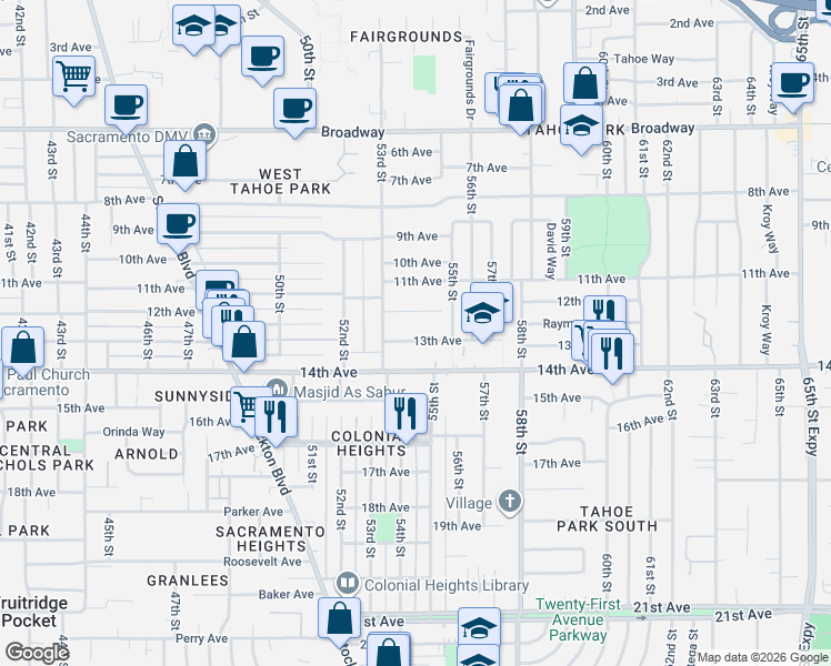 map of restaurants, bars, coffee shops, grocery stores, and more near 5346 12th Avenue in Sacramento