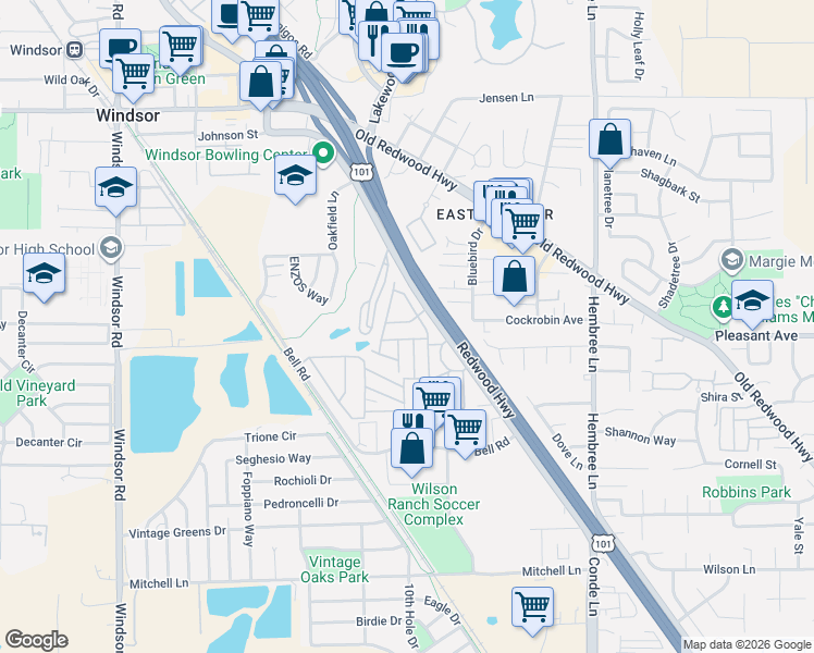 map of restaurants, bars, coffee shops, grocery stores, and more near 8163 Willow Street in Windsor
