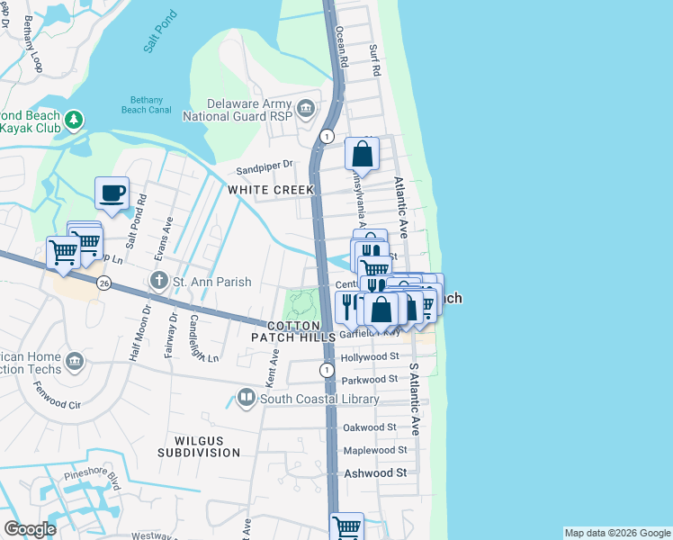 map of restaurants, bars, coffee shops, grocery stores, and more near 6 Connor Lane in Bethany Beach