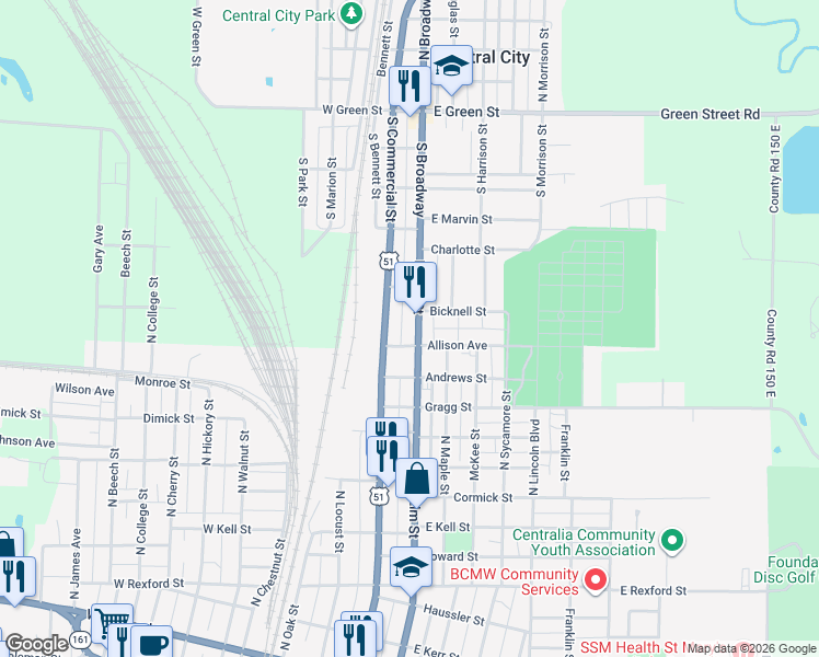 map of restaurants, bars, coffee shops, grocery stores, and more near 1310 North Elm Street in Centralia