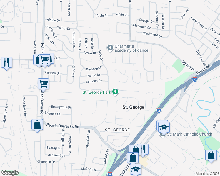 map of restaurants, bars, coffee shops, grocery stores, and more near 9074 Lemona Drive in Affton