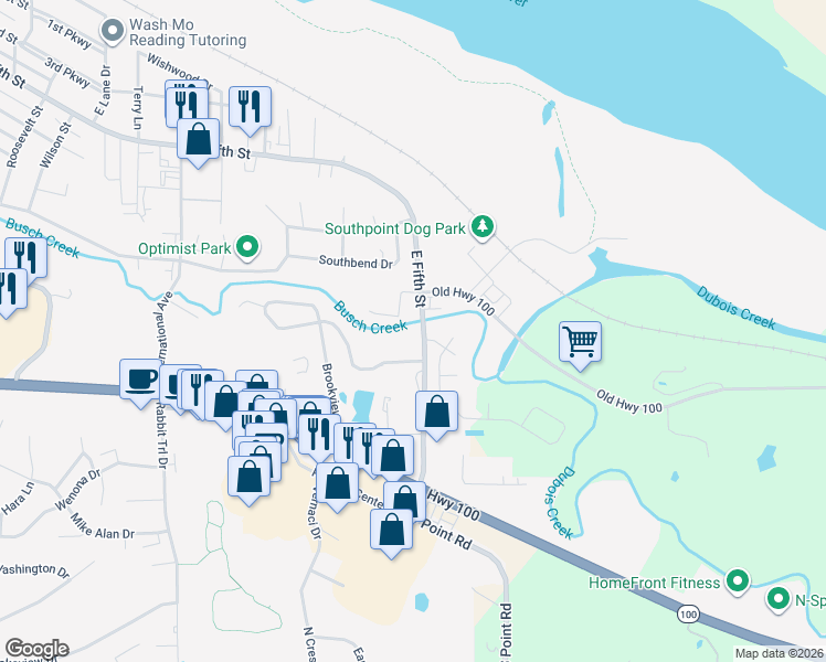map of restaurants, bars, coffee shops, grocery stores, and more near 2490 East Fifth Street in Washington