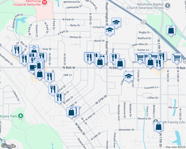 map of restaurants, bars, coffee shops, grocery stores, and more near 505 North 39th Street in Belleville