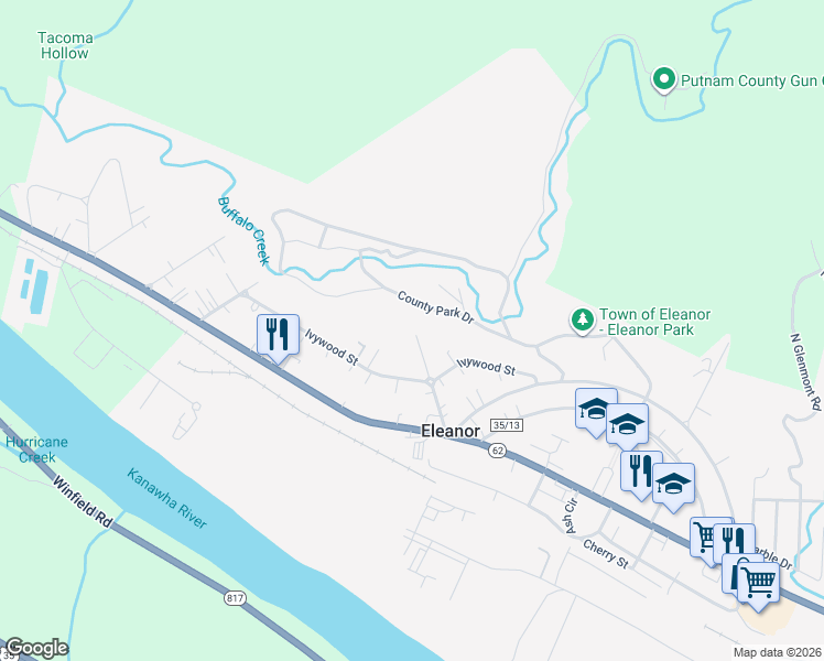 map of restaurants, bars, coffee shops, grocery stores, and more near 239 Hemlock Street in Eleanor