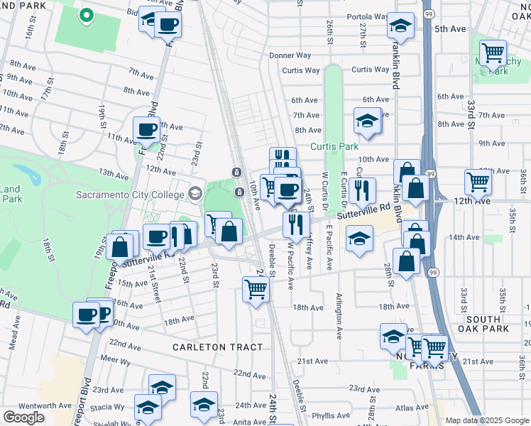 map of restaurants, bars, coffee shops, grocery stores, and more near Sutterville Bypass in Sacramento