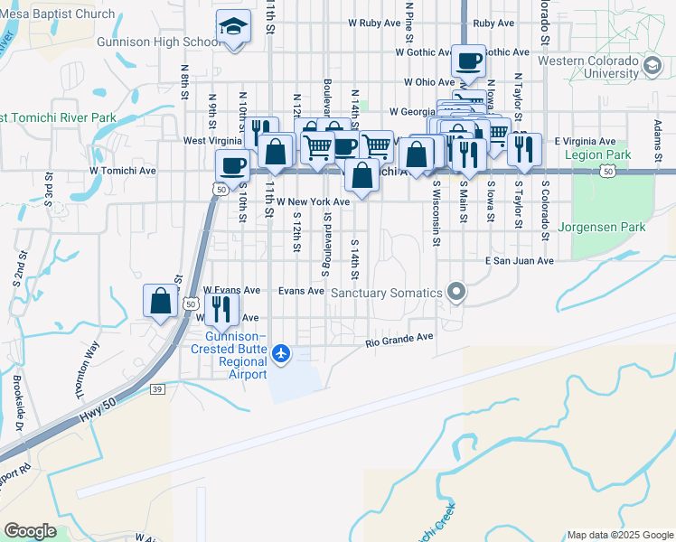 map of restaurants, bars, coffee shops, grocery stores, and more near 401 South Boulevard Street in Gunnison