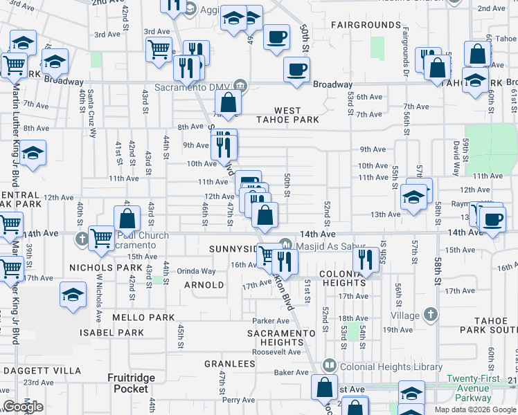 map of restaurants, bars, coffee shops, grocery stores, and more near 4909 12th Avenue in Sacramento