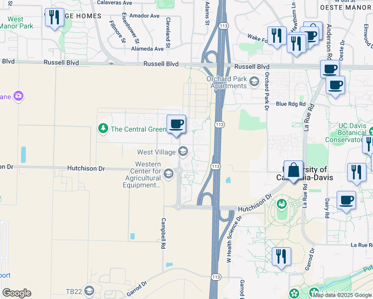 map of restaurants, bars, coffee shops, grocery stores, and more near 1580 Jade Street in Davis