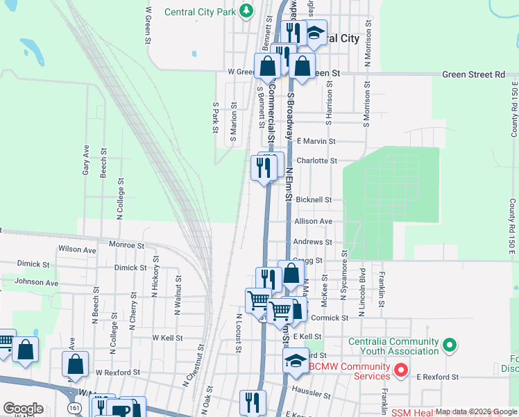 map of restaurants, bars, coffee shops, grocery stores, and more near 1100-1198 U.S. 51 in Centralia