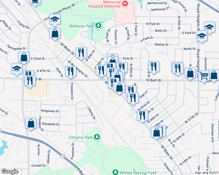 map of restaurants, bars, coffee shops, grocery stores, and more near 4539-4555 W Main St in Belleville