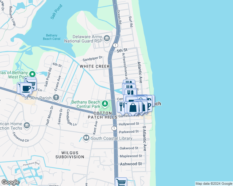 map of restaurants, bars, coffee shops, grocery stores, and more near 6 Connor Lane in Bethany Beach