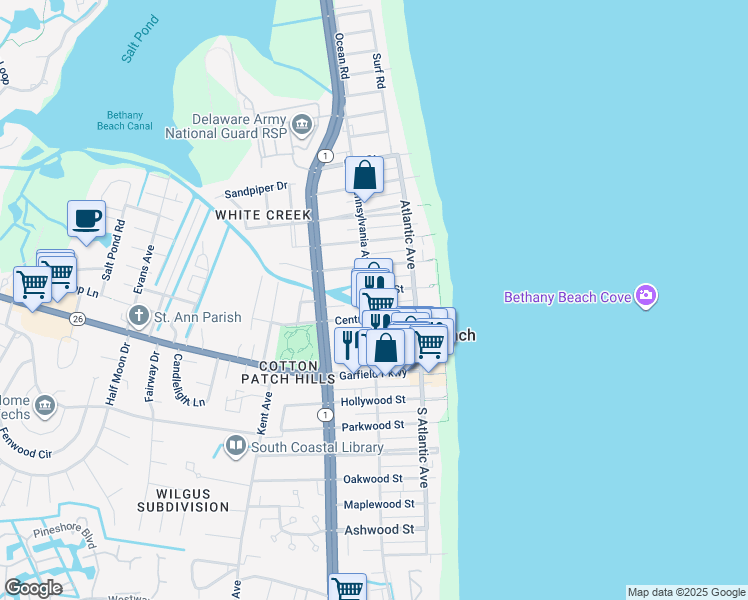 map of restaurants, bars, coffee shops, grocery stores, and more near 30 North Pennsylvania Avenue in Bethany Beach