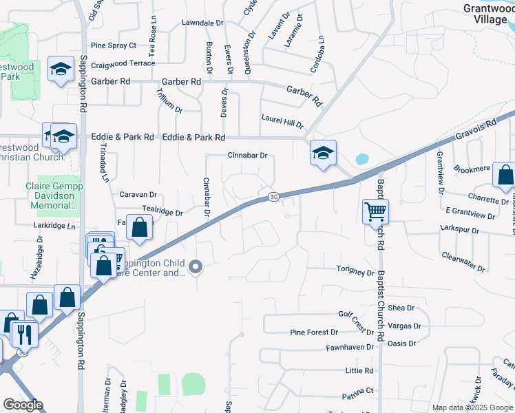 map of restaurants, bars, coffee shops, grocery stores, and more near 11148 Gravois Road in Sappington