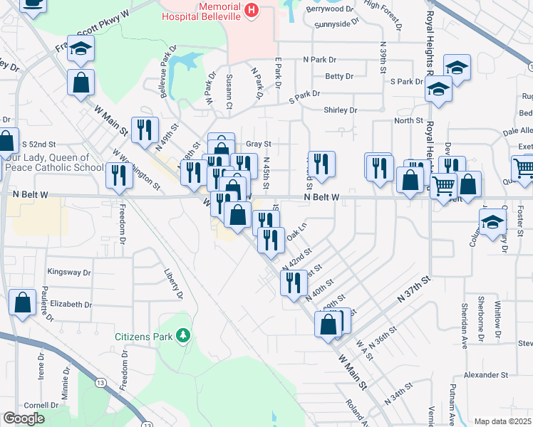 map of restaurants, bars, coffee shops, grocery stores, and more near 23 North 44th Street in Belleville