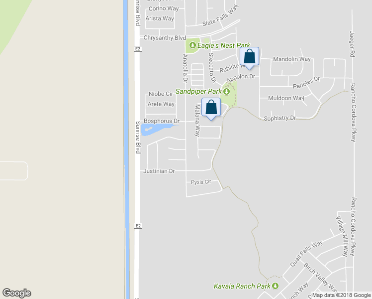 map of restaurants, bars, coffee shops, grocery stores, and more near Anatolia Drive & Rose Wind Court in Rancho Cordova