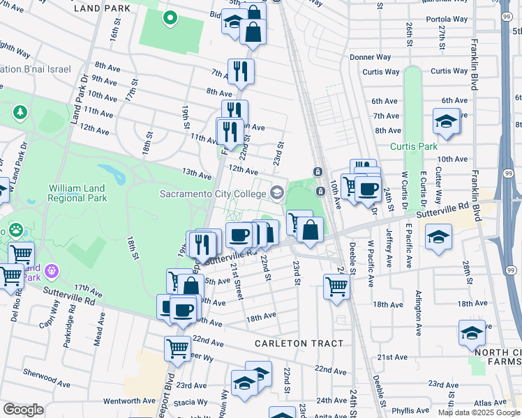 map of restaurants, bars, coffee shops, grocery stores, and more near 3835 Freeport Boulevard in Sacramento