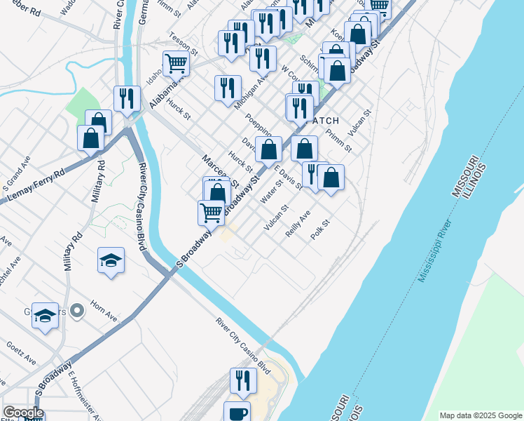 map of restaurants, bars, coffee shops, grocery stores, and more near 206 East Marceau Street in St. Louis