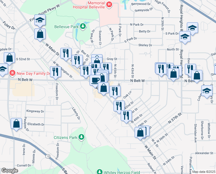 map of restaurants, bars, coffee shops, grocery stores, and more near 4517 North 45th Street in Belleville