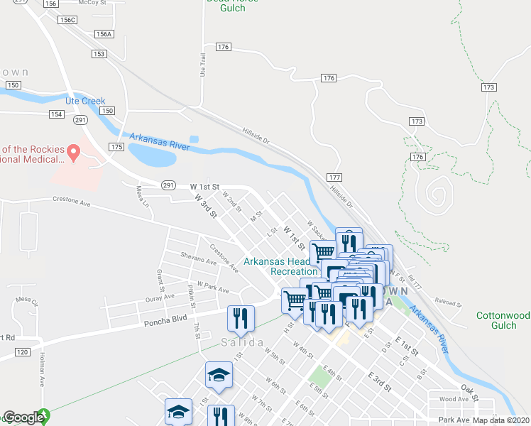 map of restaurants, bars, coffee shops, grocery stores, and more near 749 West 1st Street in Salida
